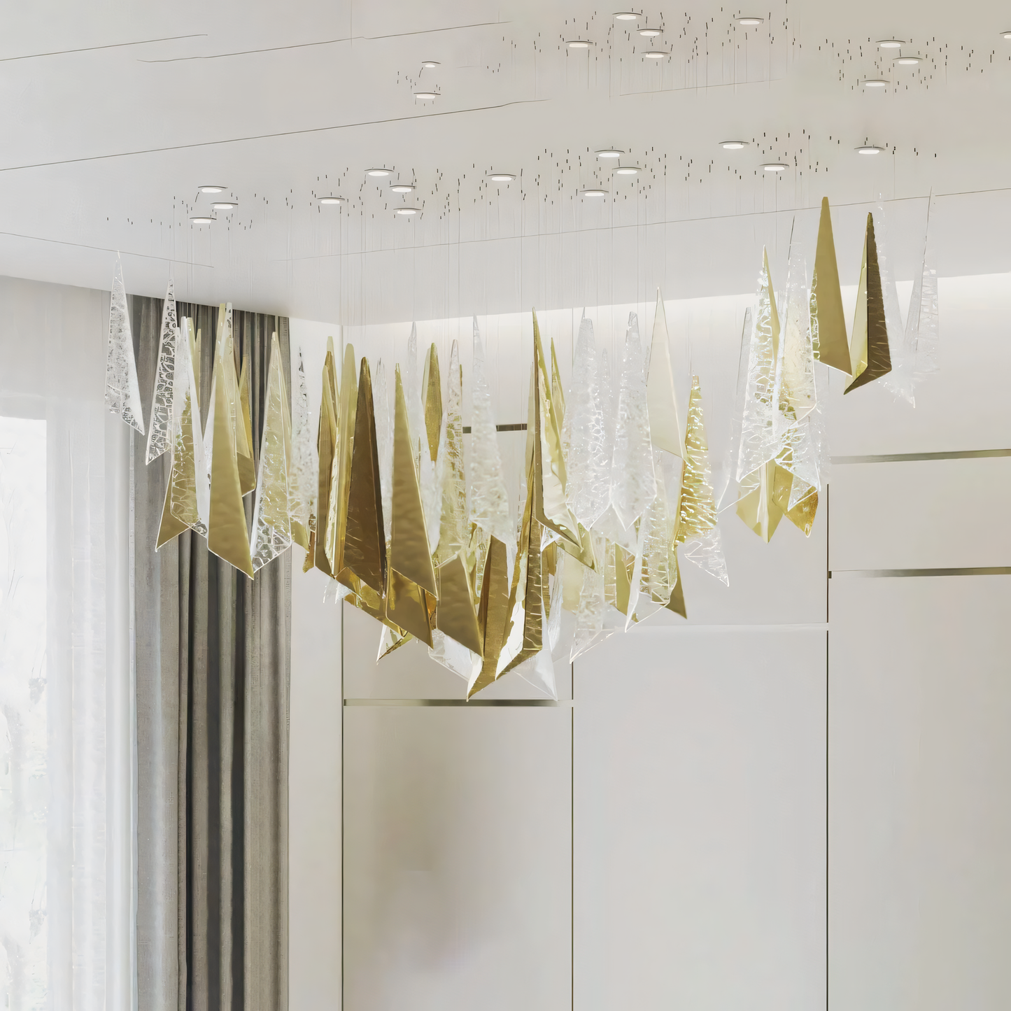 Prismatic, multi-faceted design of the Prifma Glass Custom Chandelier
