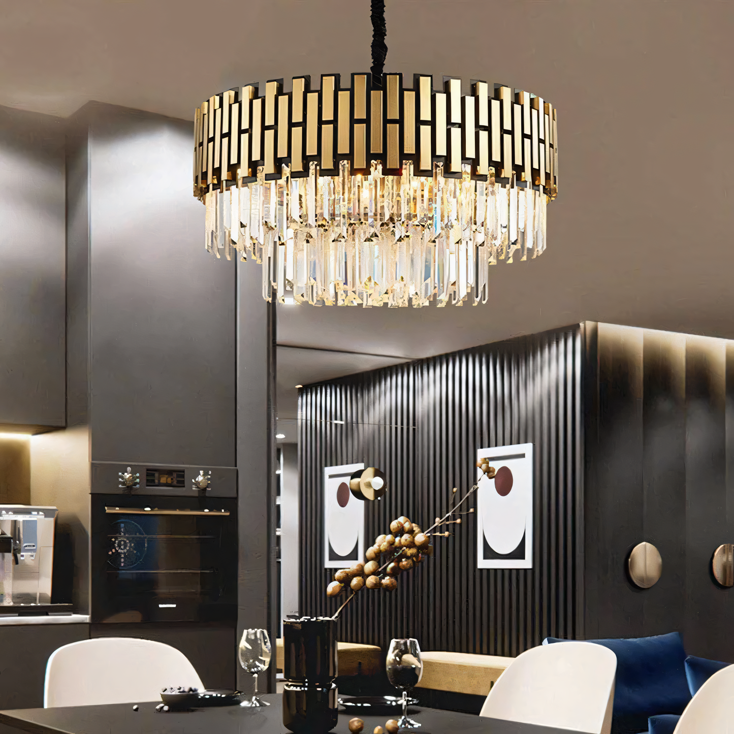 Exquisite gold crystal chandelier in a majestic historic castle setting