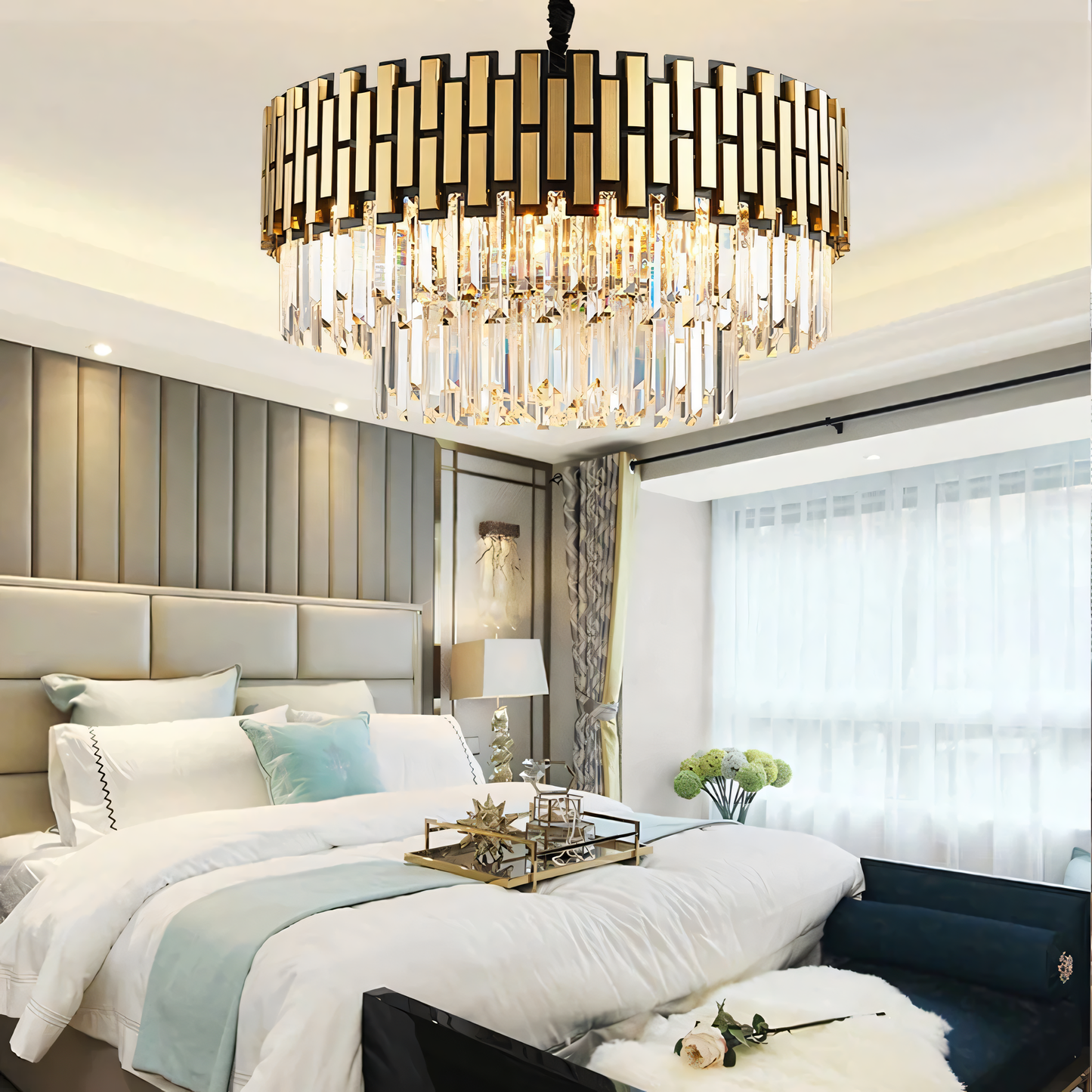 Stunning gold crystal chandelier, perfect for a refined dining room in a castle