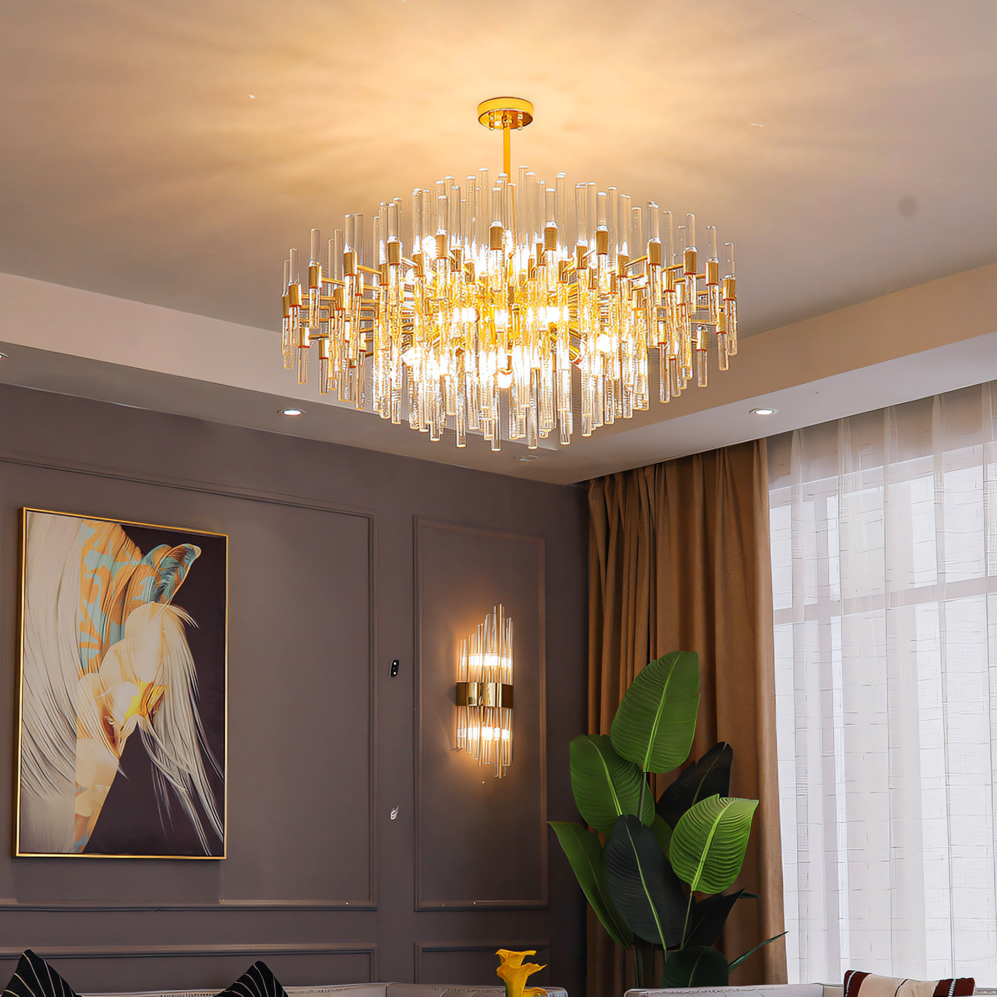 Mesmerizing crystal and brass gold LED ring chandelier, a statement piece for a grand foyer