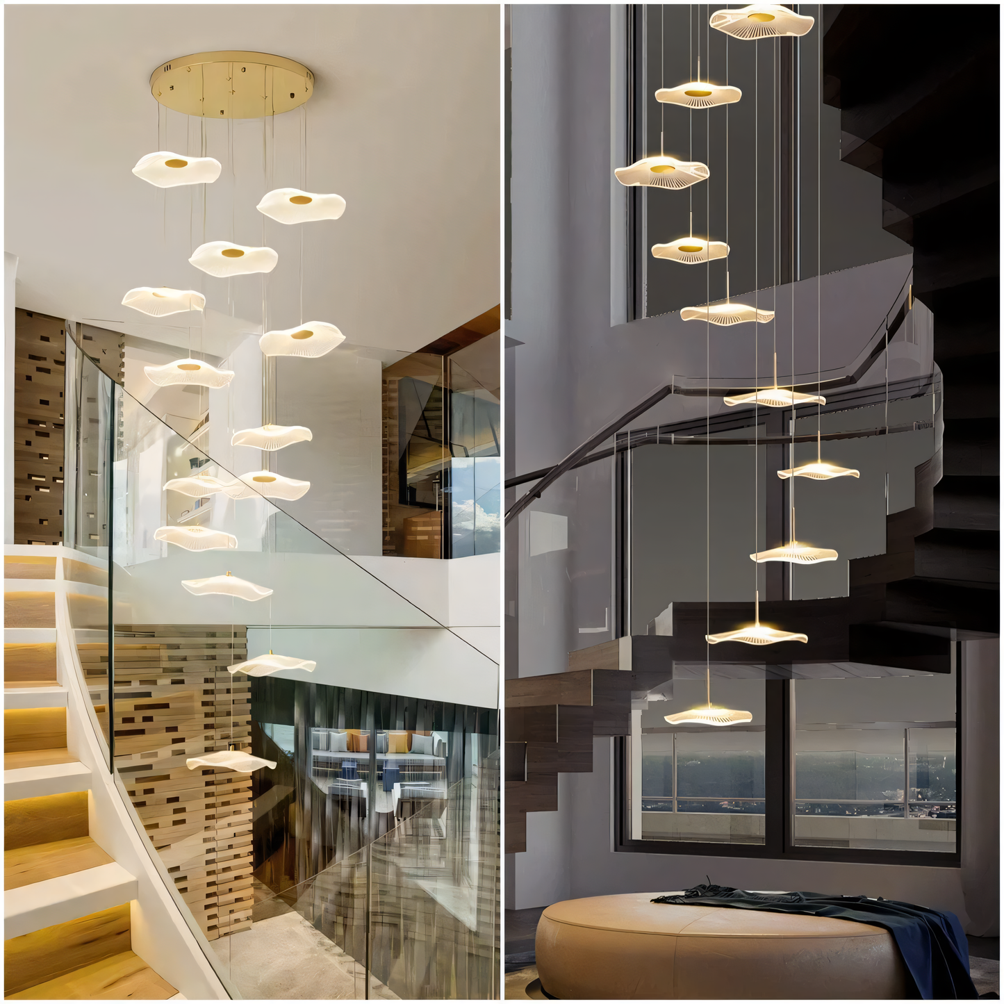 Cascading acrylic pendants catching and refracting the light