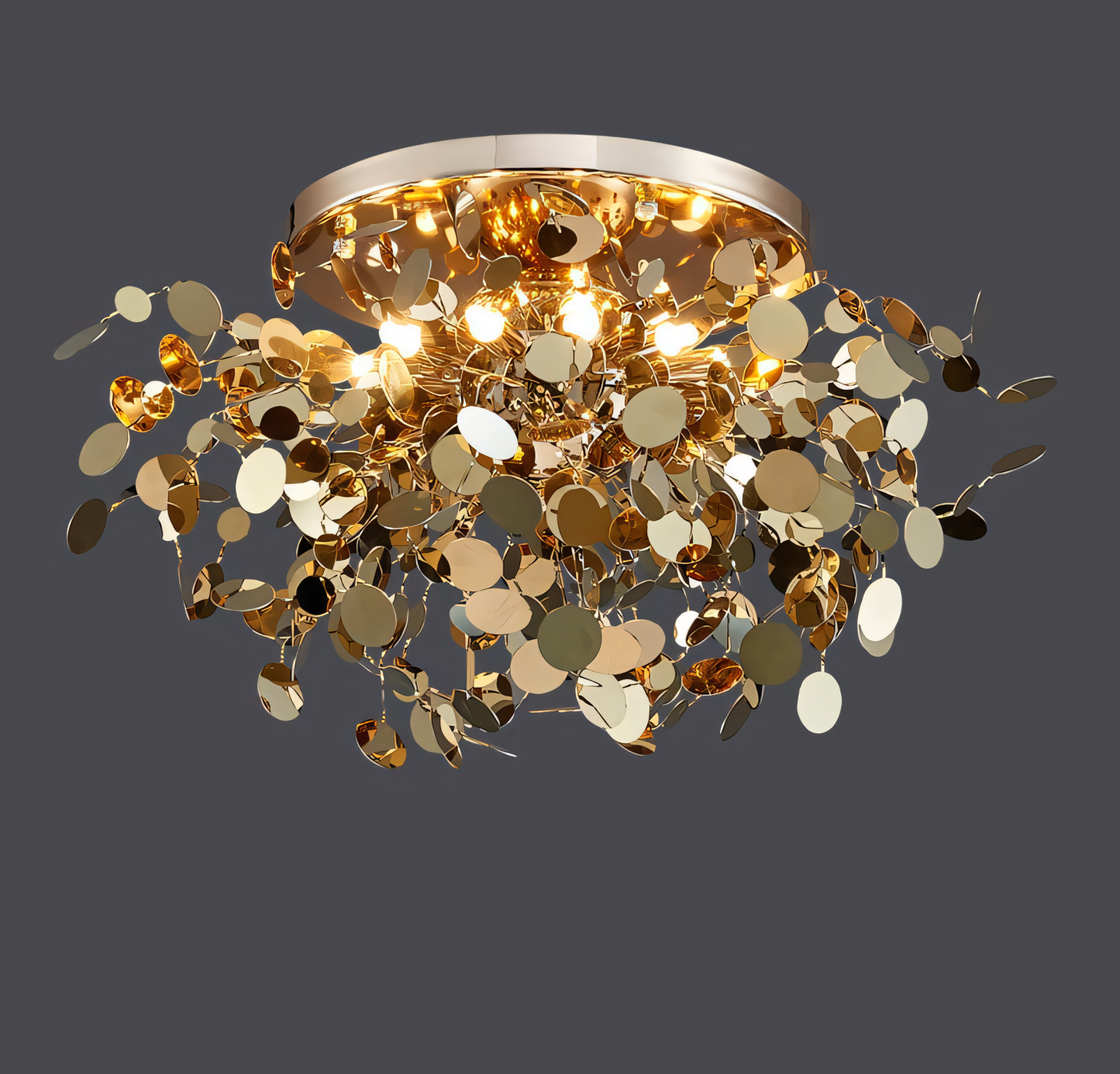 Elegant contemporary pendant light fixture featuring a sleek metal frame and shimmering gold leaf detailing for a luxurious aesthetic