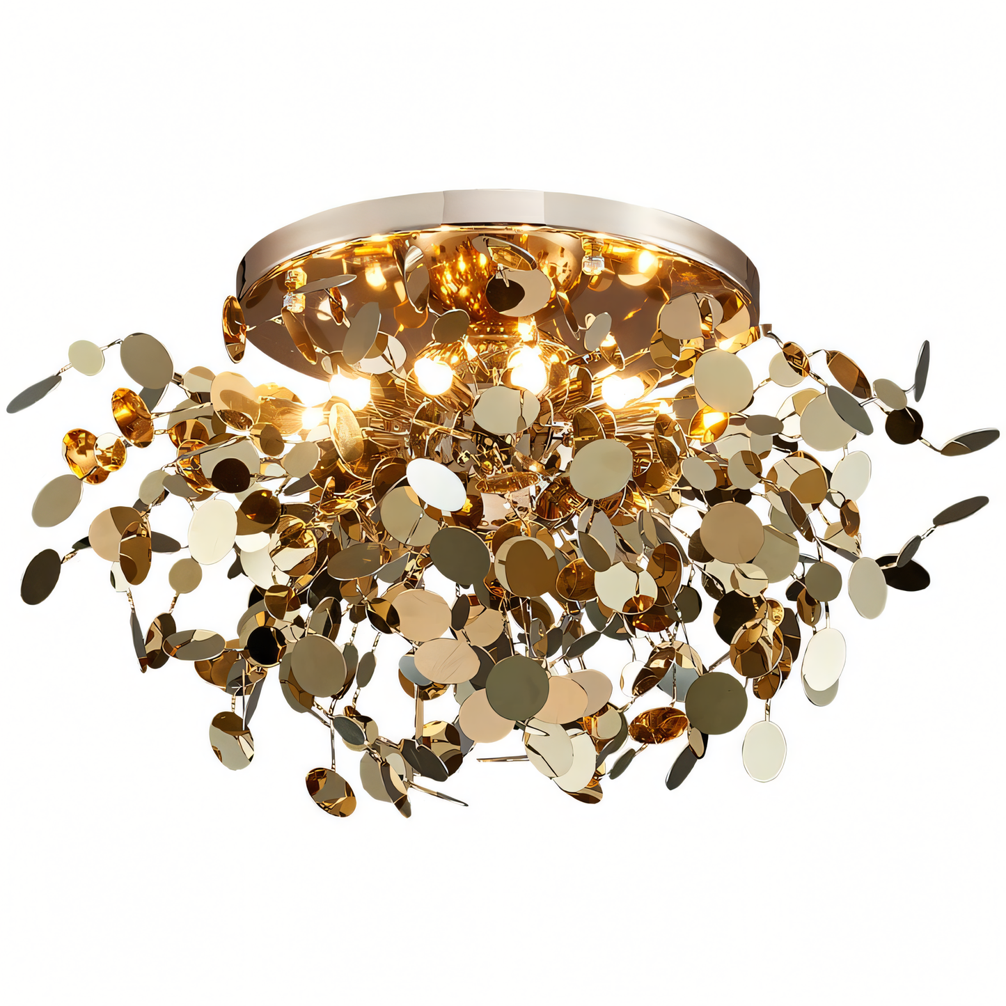Luxurious modern chandelier with a 750mm diameter metal frame adorned in gleaming gold leaf accents, creating a dazzling focal point in an upscale setting