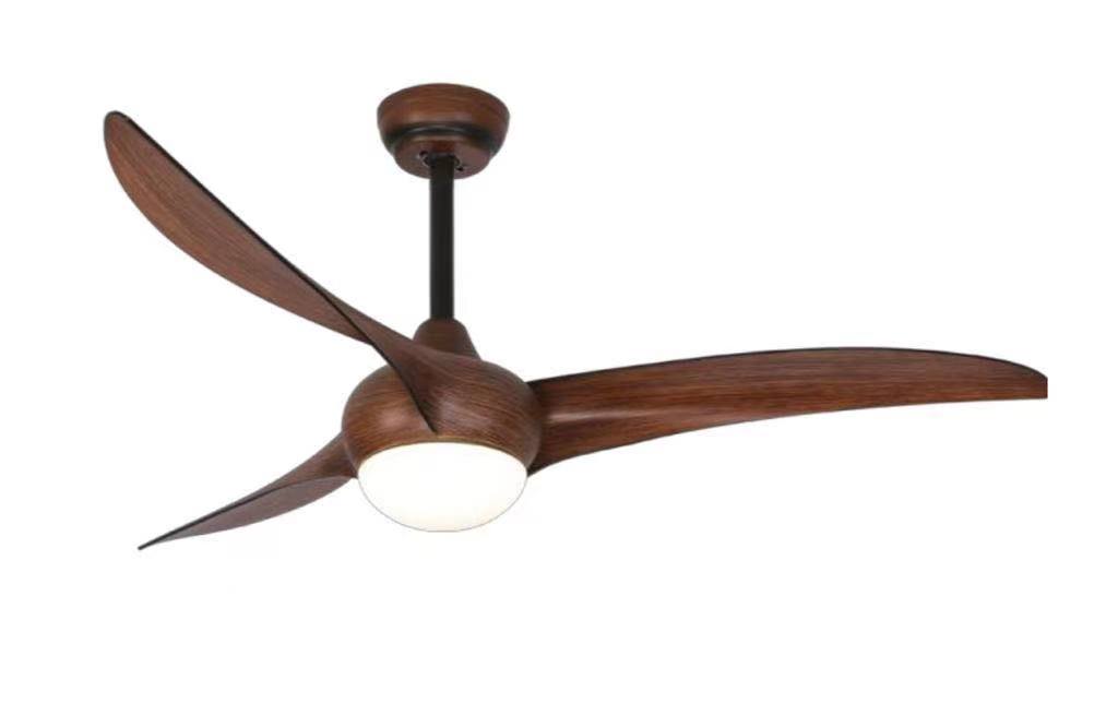 Brown Luminaire Ceiling Fan with elegant wood blades and integrated LED light fixture in a spacious living room