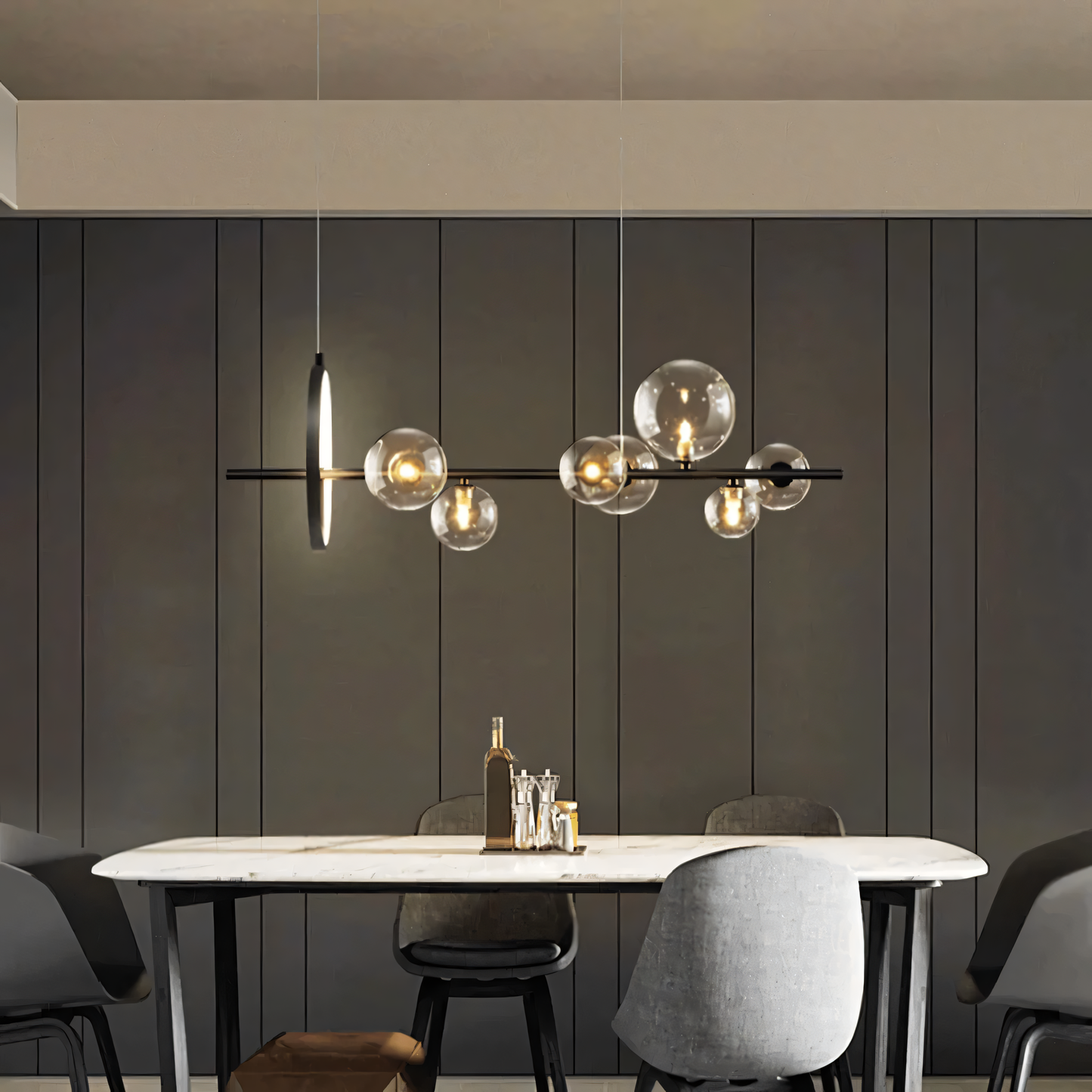 Modern Bubble Glass Chandelier as the focal point of the dining area