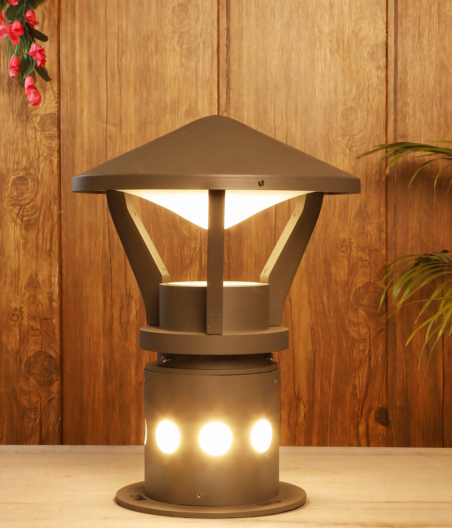 Elegant black metal construction of the Trident Canopy Garden Bollard