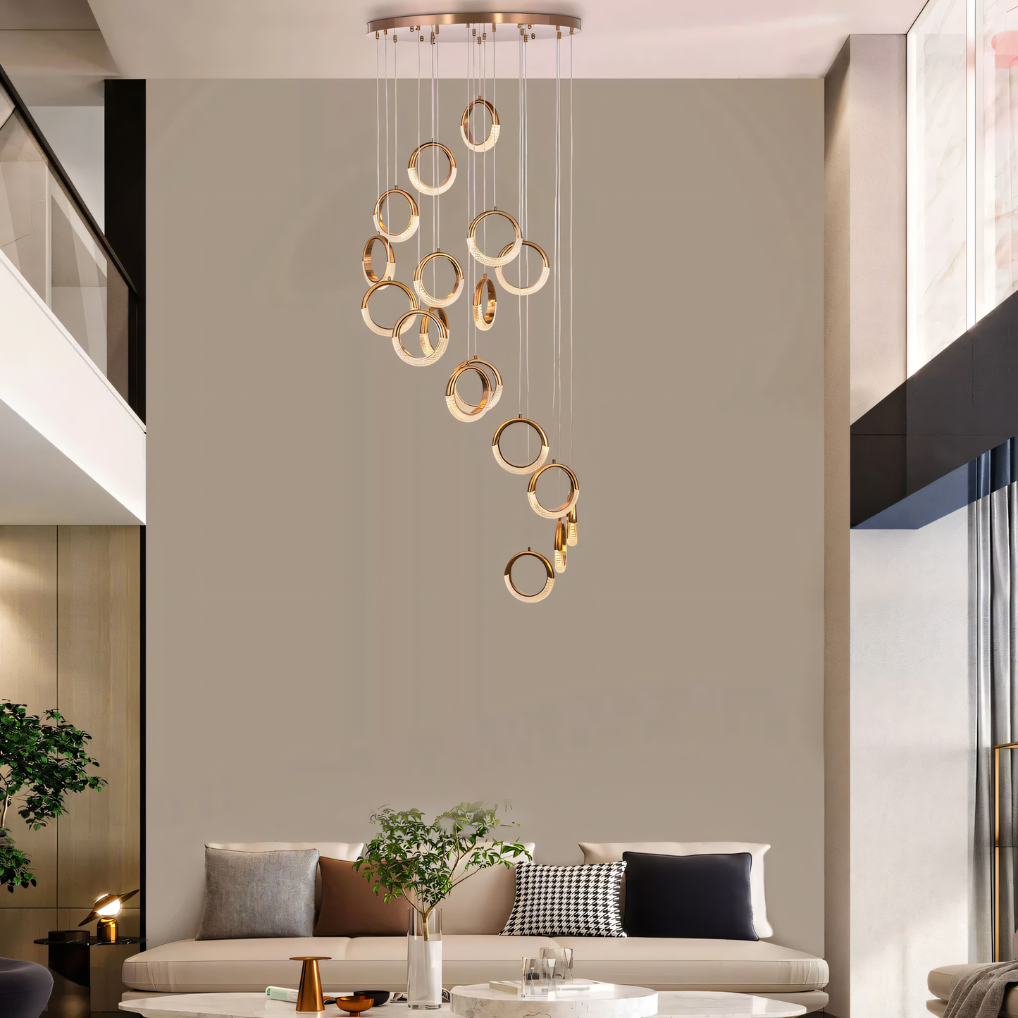 Adjustable height antique brass contemporary half-moon duplex chandelier