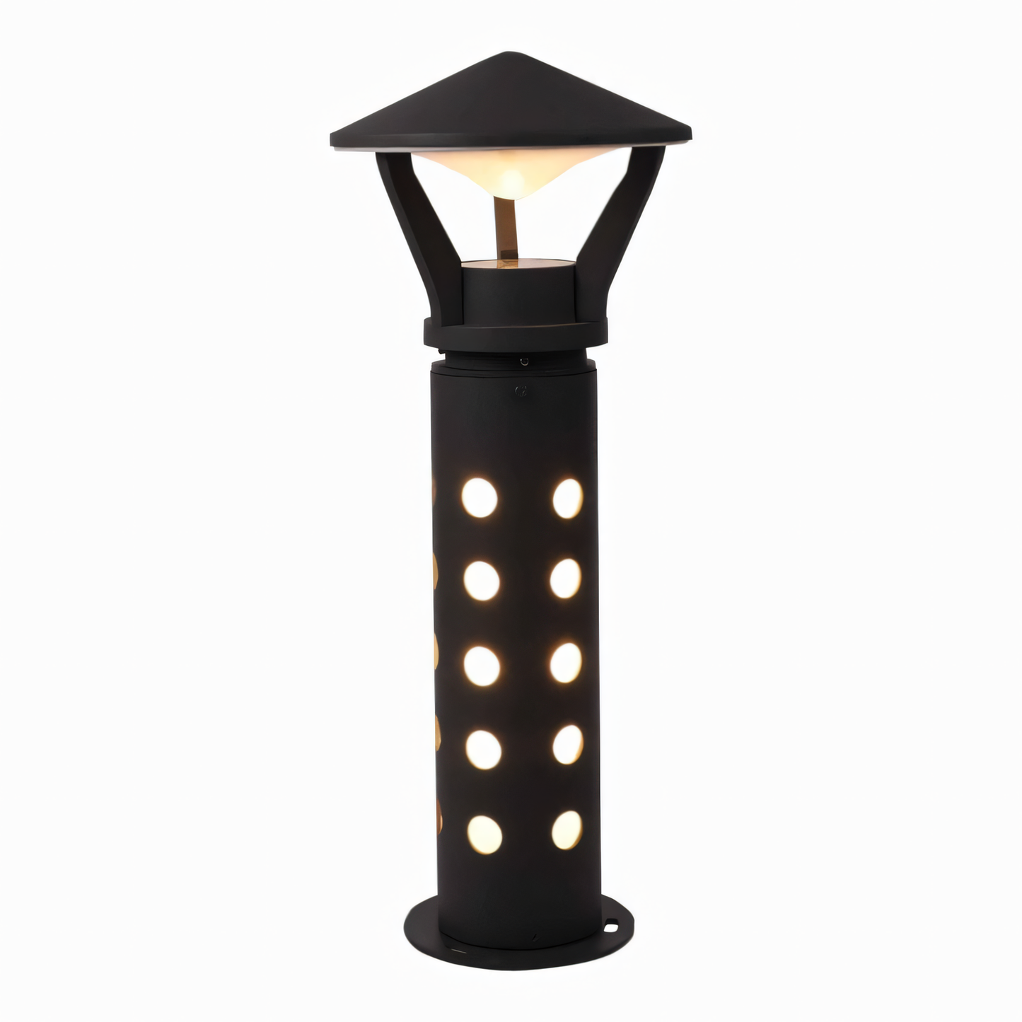 Warm LED illumination of the Trident Canopy Garden Bollard against a tropical backdrop
