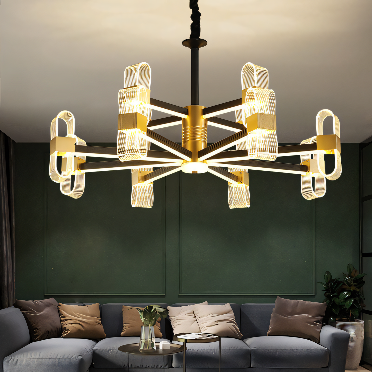 Elegant 8-light oval-shaped chandelier in gold-black and transparent glass