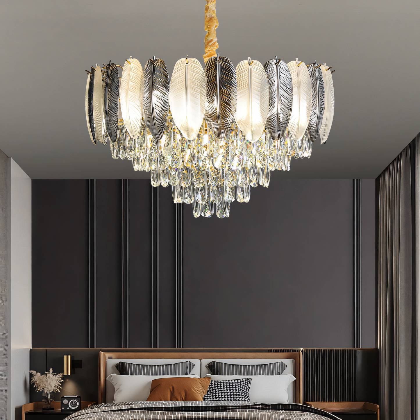 Upgrade your home with a touch of modern whimsy. This 600mm Gold Feather Glass Chandelier boasts cascading crystals and a warm glow for a captivating light display.