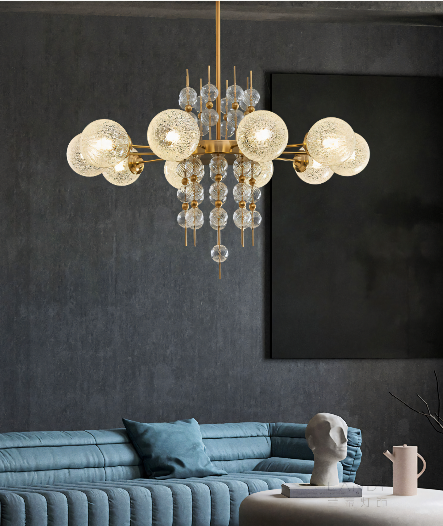 A chrome chandelier with eight clear glass globes hangs from a dining room ceiling. The chandelier casts a warm, inviting glow on the space.