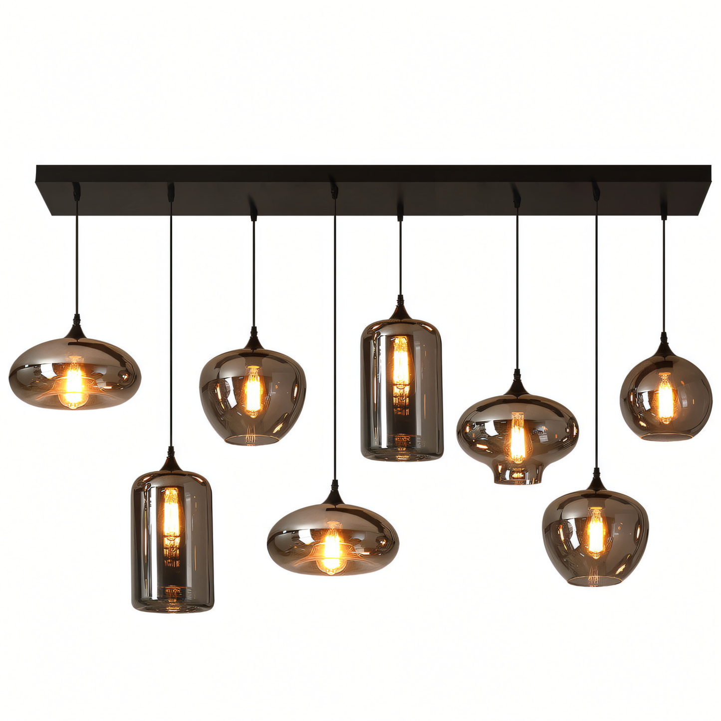 The 8 Light Black Smokey Glass Chandelier, a gothic-inspired centerpiece, hangs above a dining table in a modern home. The chandelier's warm light fills the room.