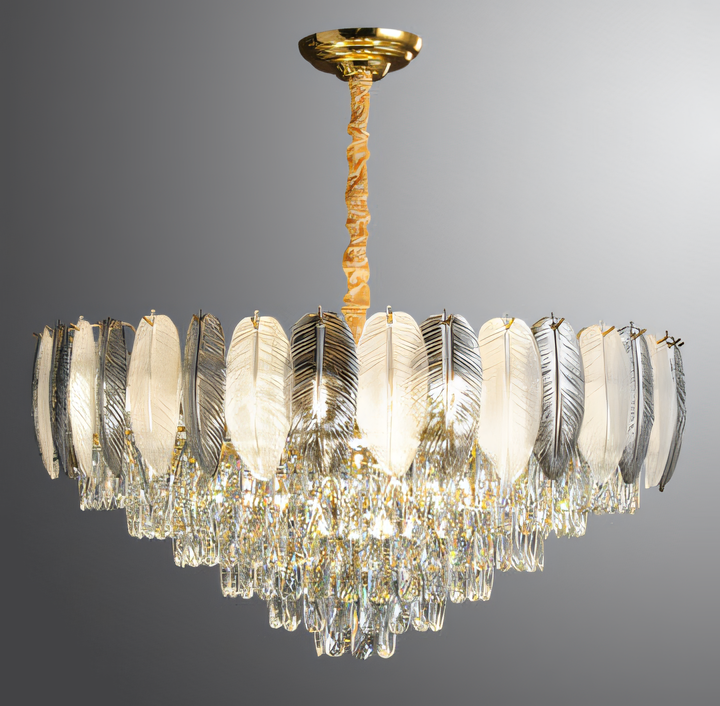 Transform your space with the enchanting 600mm Gold Feather Glass Chandelier. Energy-efficient LED bulbs illuminate cascading crystal feathers for a dazzling display.
