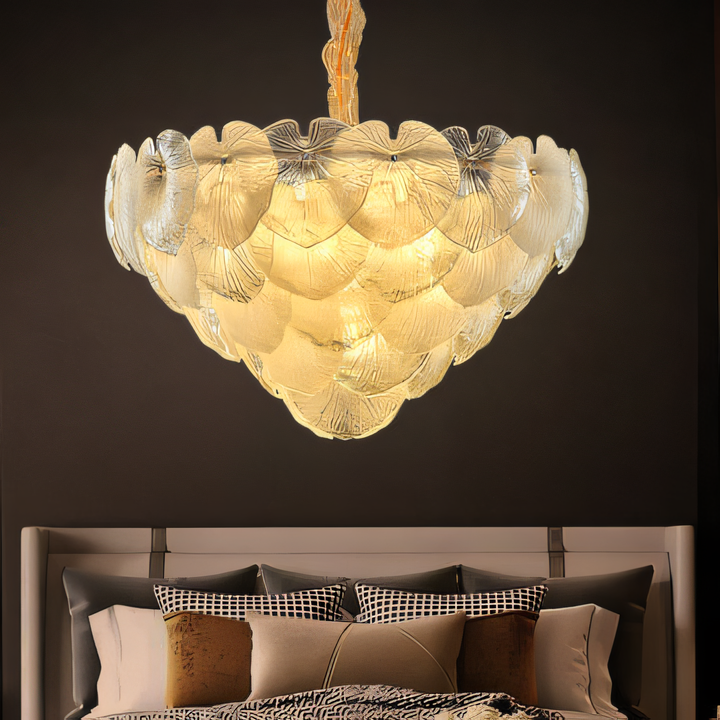 600 MM Gold Metal White Glass LED Chandelier Hanging Suspension Lamp in a modern, minimalist bedroom