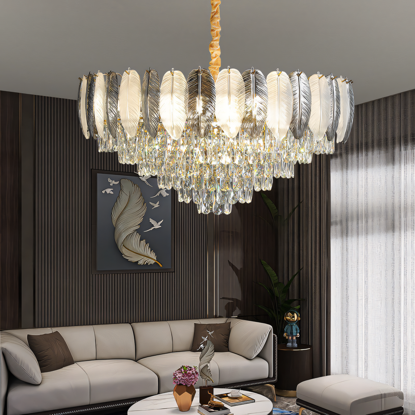 Sparkling 600mm Gold Feather Glass Chandelier: Cascading crystal feathers create a dazzling display of light, perfect for living rooms, bedrooms, and more.