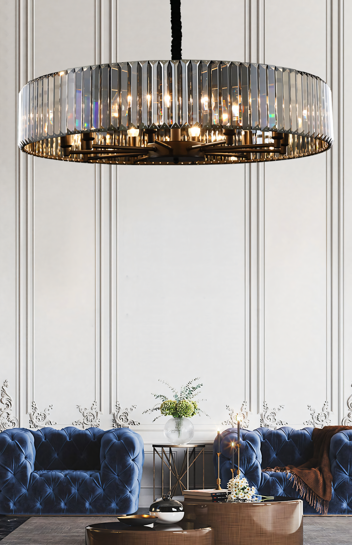 Upgrade your home décor with a touch of modern drama. This 600mm Black Metal Chandelier with Smokey Crystals boasts a captivating play of light and shadow.