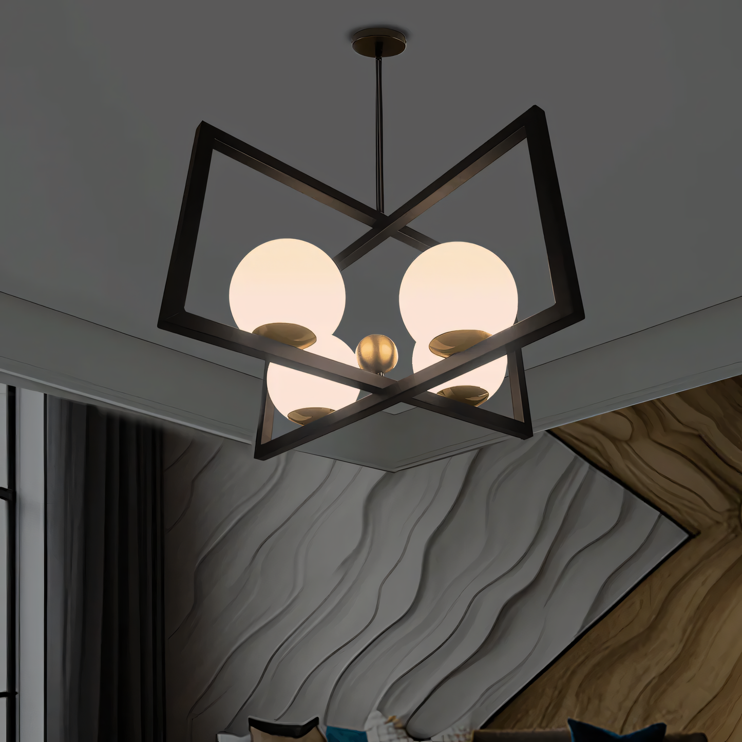 The Simmetria Hanging Light, a vintage-inspired centerpiece, hangs above a dining table in a modern home. The light's warm glow fills the room.