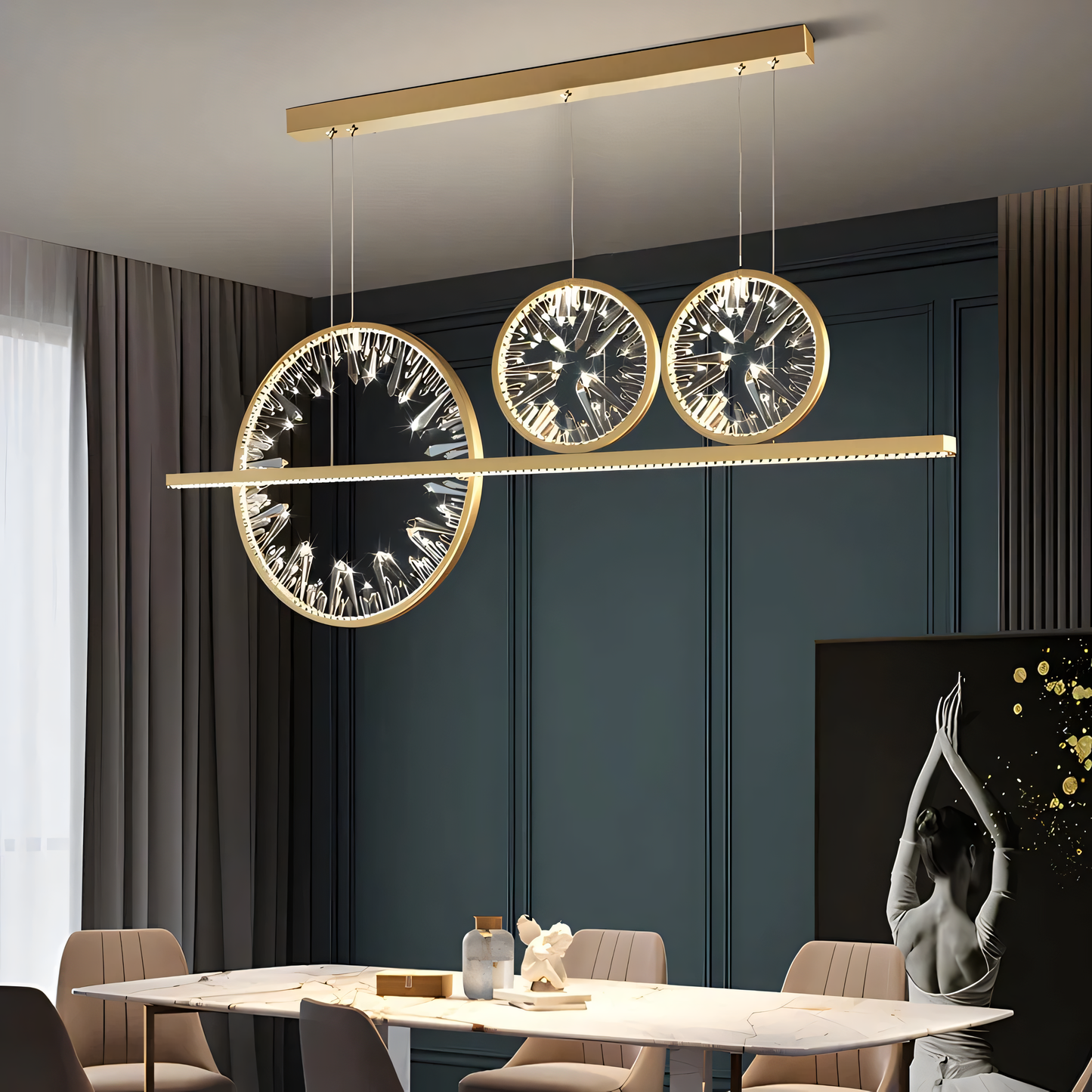 The Time of Life Chandelier complements the modern design of an office space.