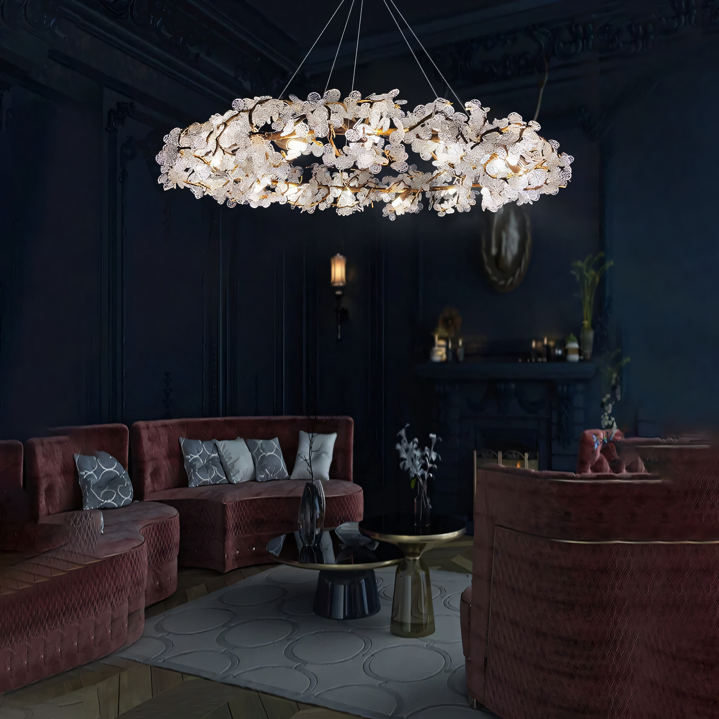 Luxurious gold-finished metal body of the chandelier
