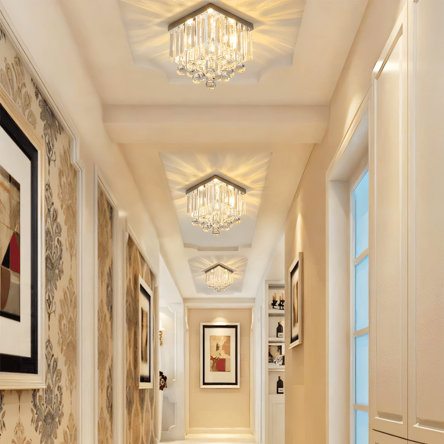 Warm, ambient LED lighting in celestial-inspired chandelier
