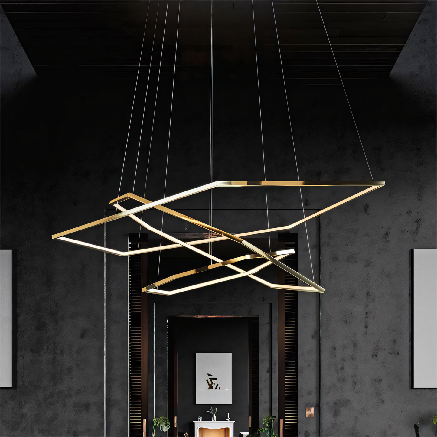 Radiant gold LED chandelier with intriguing light patterns