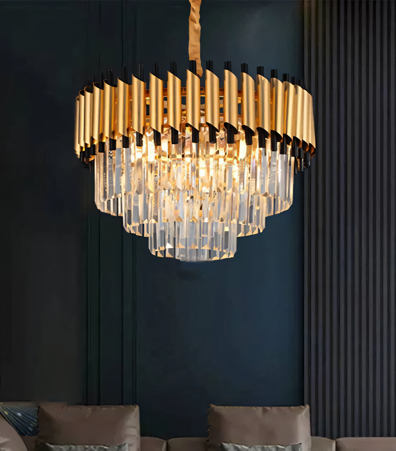 Captivating gold and black K9 crystal chandelier, a true masterpiece of design