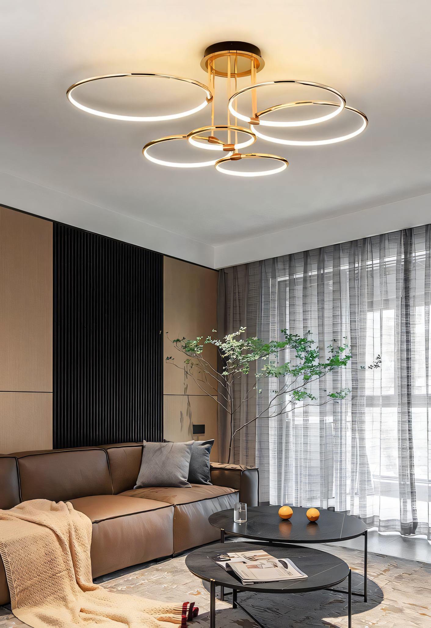 Transform your space with the captivating 6-Light Gold Ring LED Chandelier. Warm LED bulbs illuminate the gold metal ring, creating a touch of modern luxury in any room.