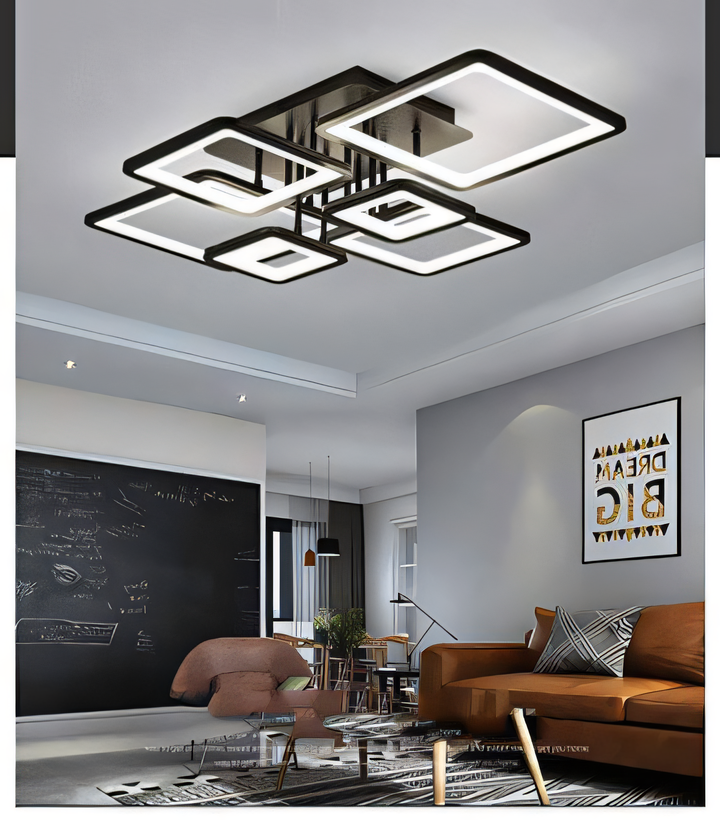Transform your space with the striking 6-Light Black Rectangular LED Chandelier. The sleek black metal frame and adjustable light rods provide a modern and functional lighting solution.