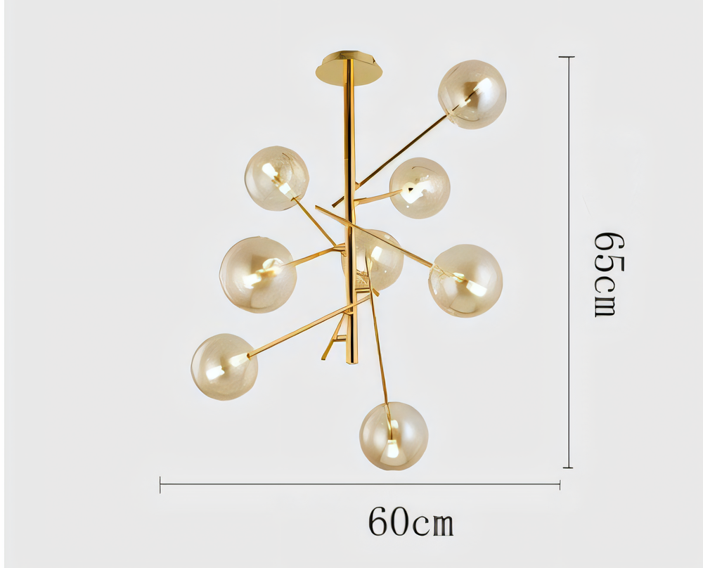 Contemporary aluminum and glass 8-bulb pendant light fixture illuminating a luxurious living or dining space