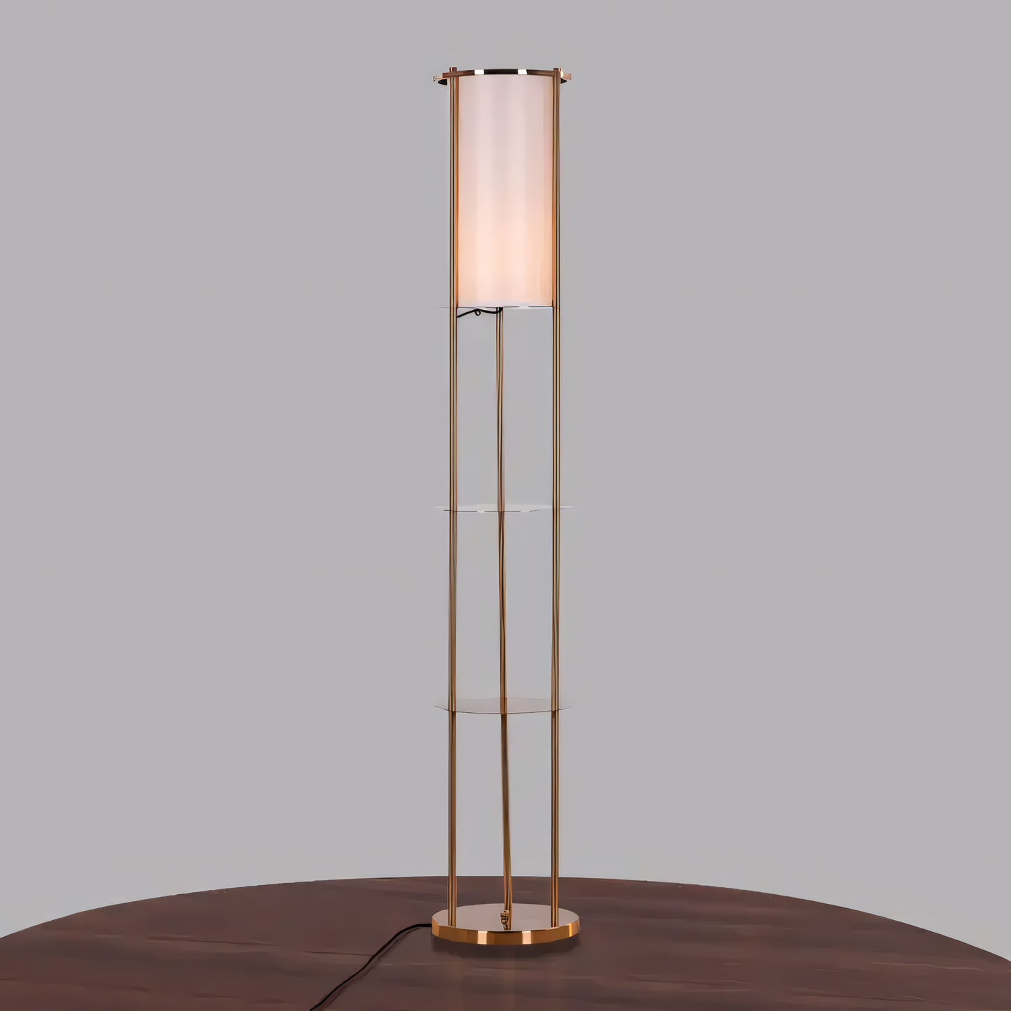 Opulent floor lamp featuring gold finish and fabric shade