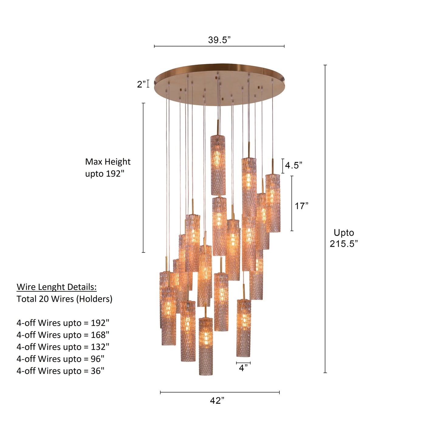 Large gold chandelier with cascading champagne glasses, resembling falling snow