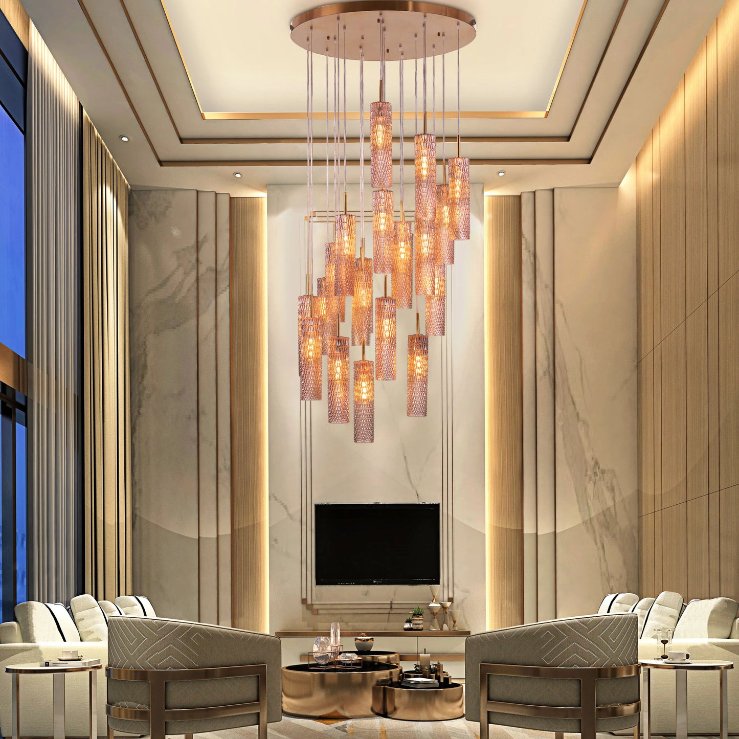Large gold chandelier with cascading champagne glasses, resembling falling snow