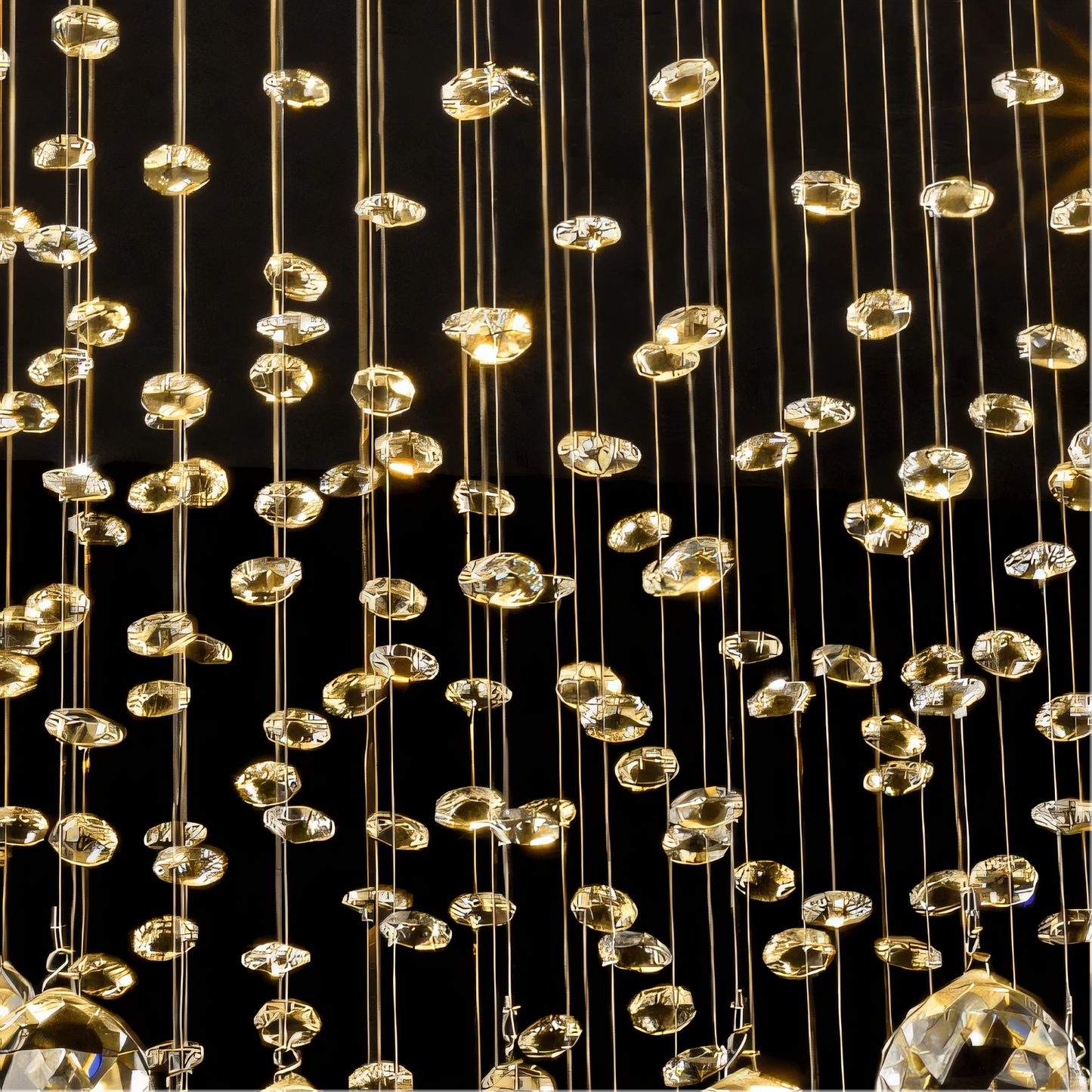 Captivating arrangement of crystal "raindrops" in long chandelier