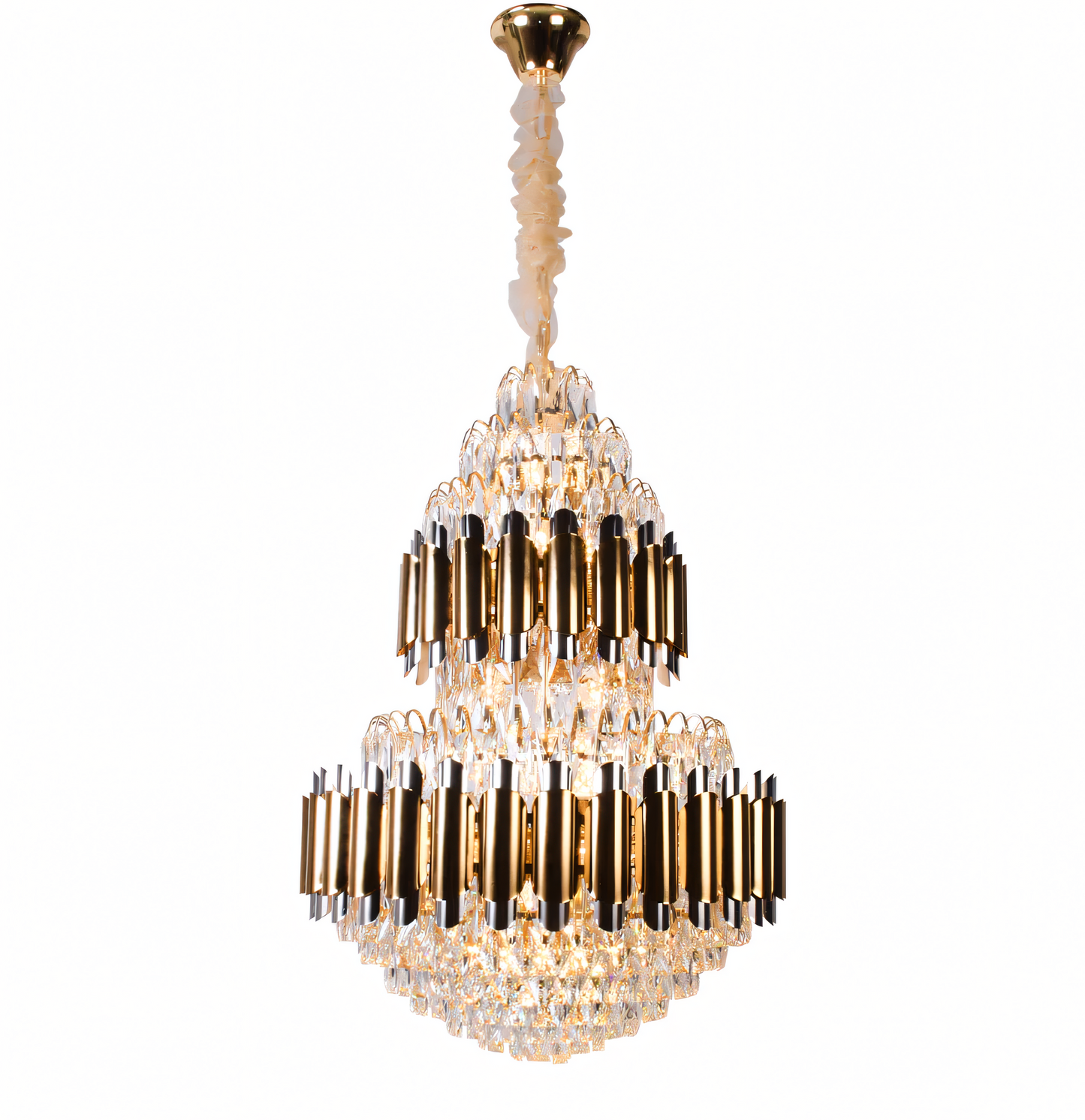 Opulent golden chandelier adorning a grand foyer