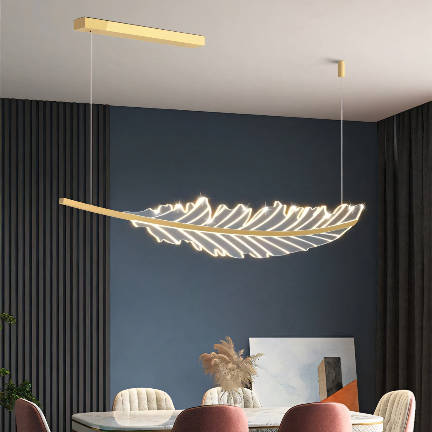Cascading leaf-shaped LED lamps in a winter wonderland interior