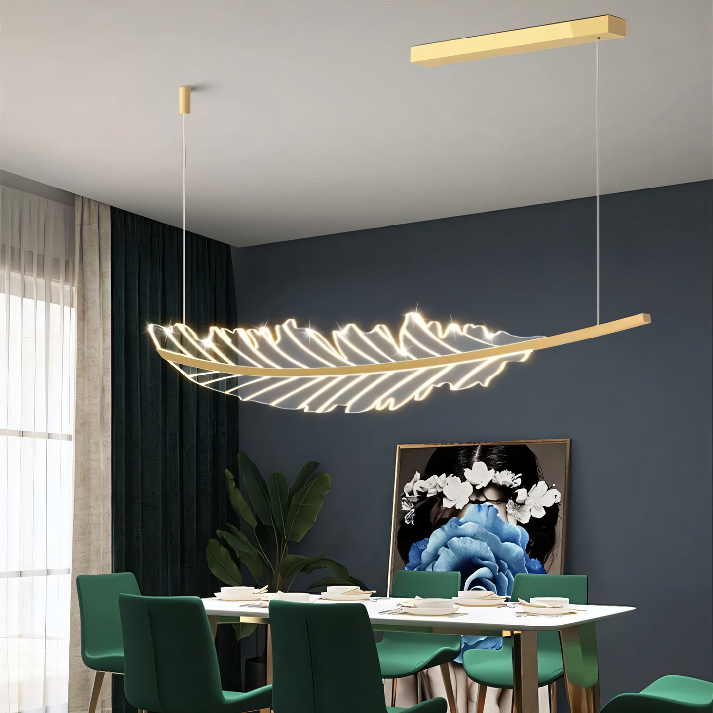 Mesmerizing leaf-inspired lighting fixture for a serene snow mountain home