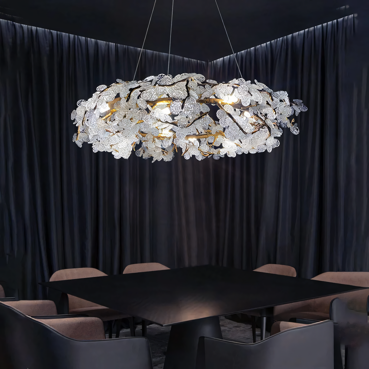 Warm, ambient light of the LED Snowy Crown Chandelier