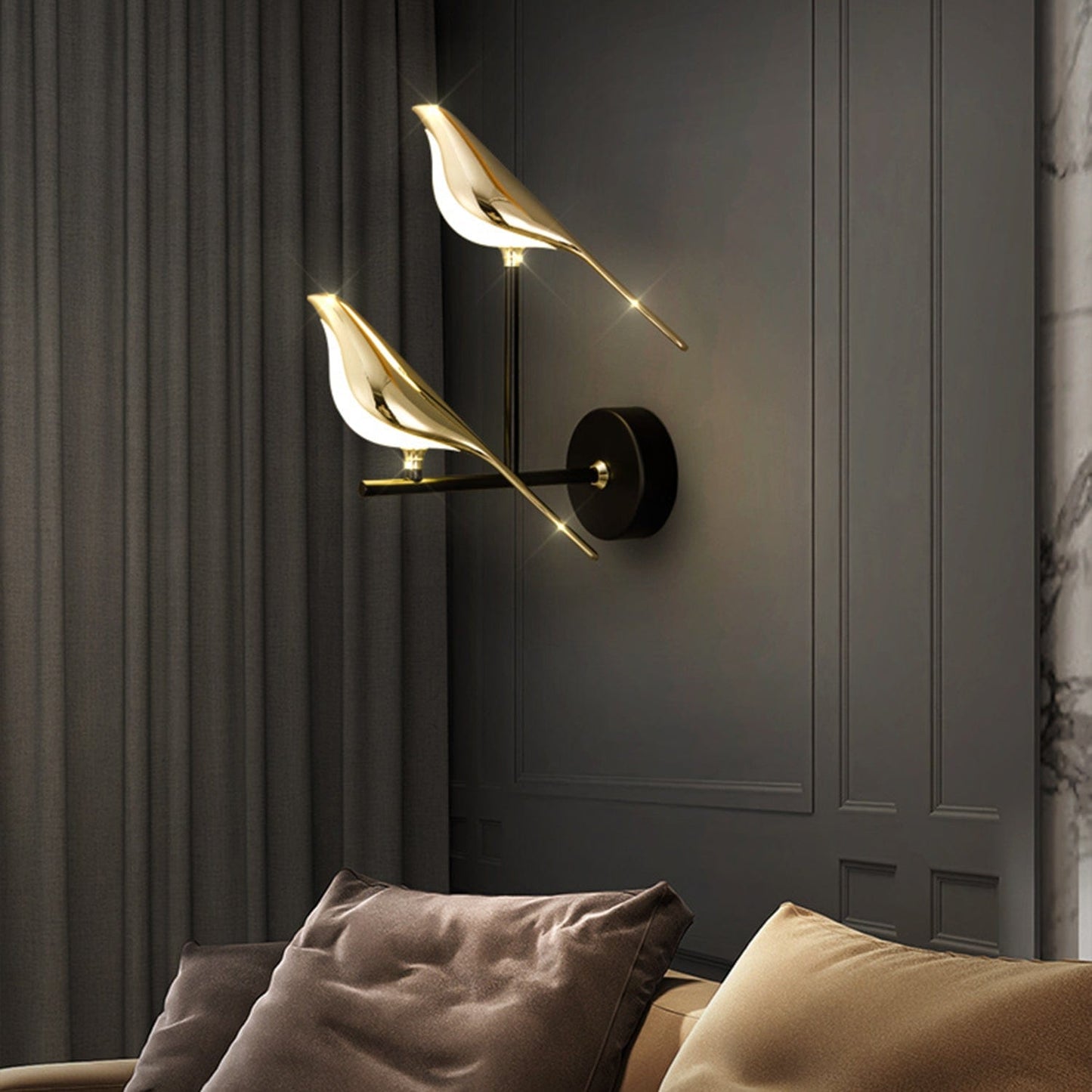 Cozy Bedroom with Chirpy Bird Wall Lights