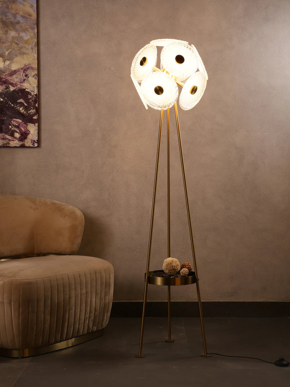 Elegant floor lamp with a slender bamboo stem and a large, textured linen shade, standing in a minimalist living room with plants, embodying the fusion of natural materials and modern design.