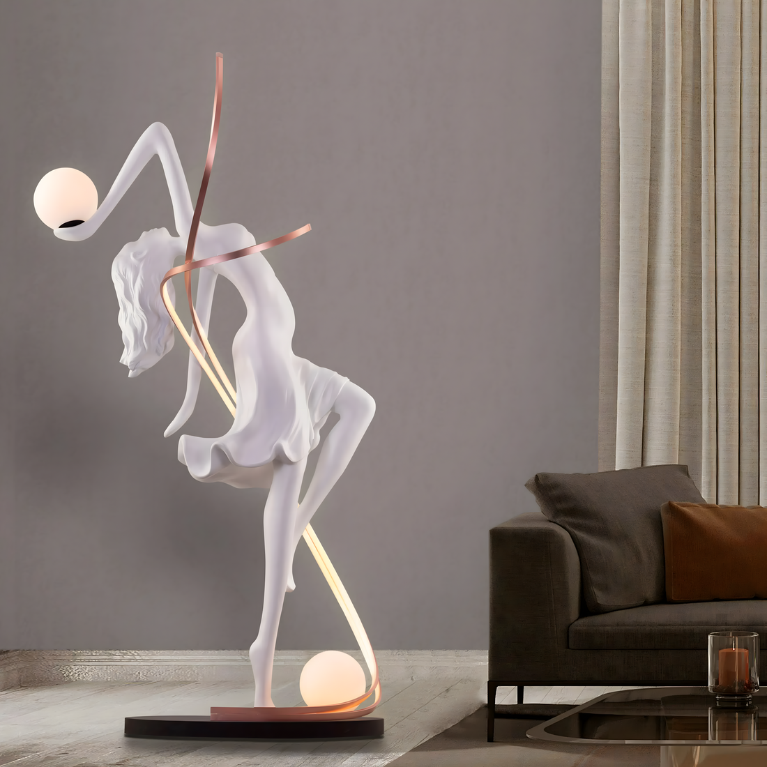 The lamp casts a soft, ambient glow, illuminating nearby furniture and creating a welcoming atmosphere in the space.