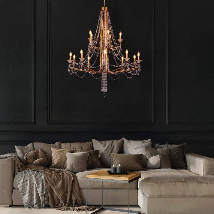 Elegant chandelier featuring a modern geometric frame with classic crystal droplets, exemplifying the blend of contemporary and traditional luxury lighting design