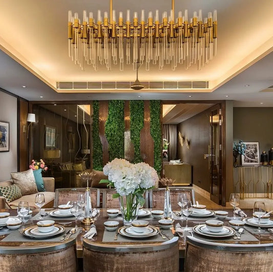 Luxurious gold-finished glass tube chandelier with dazzling LED lighting