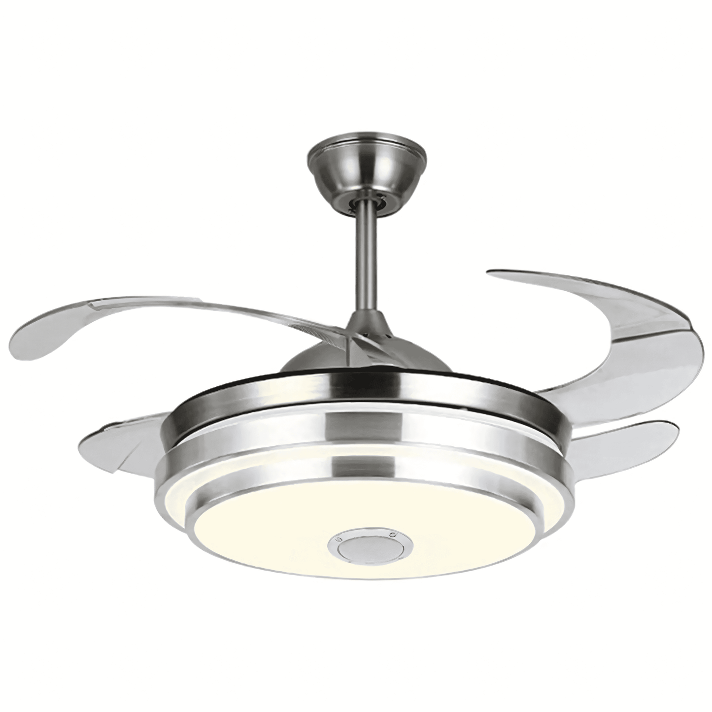 Elegant ceiling fan with intricate metalwork and retractable blades