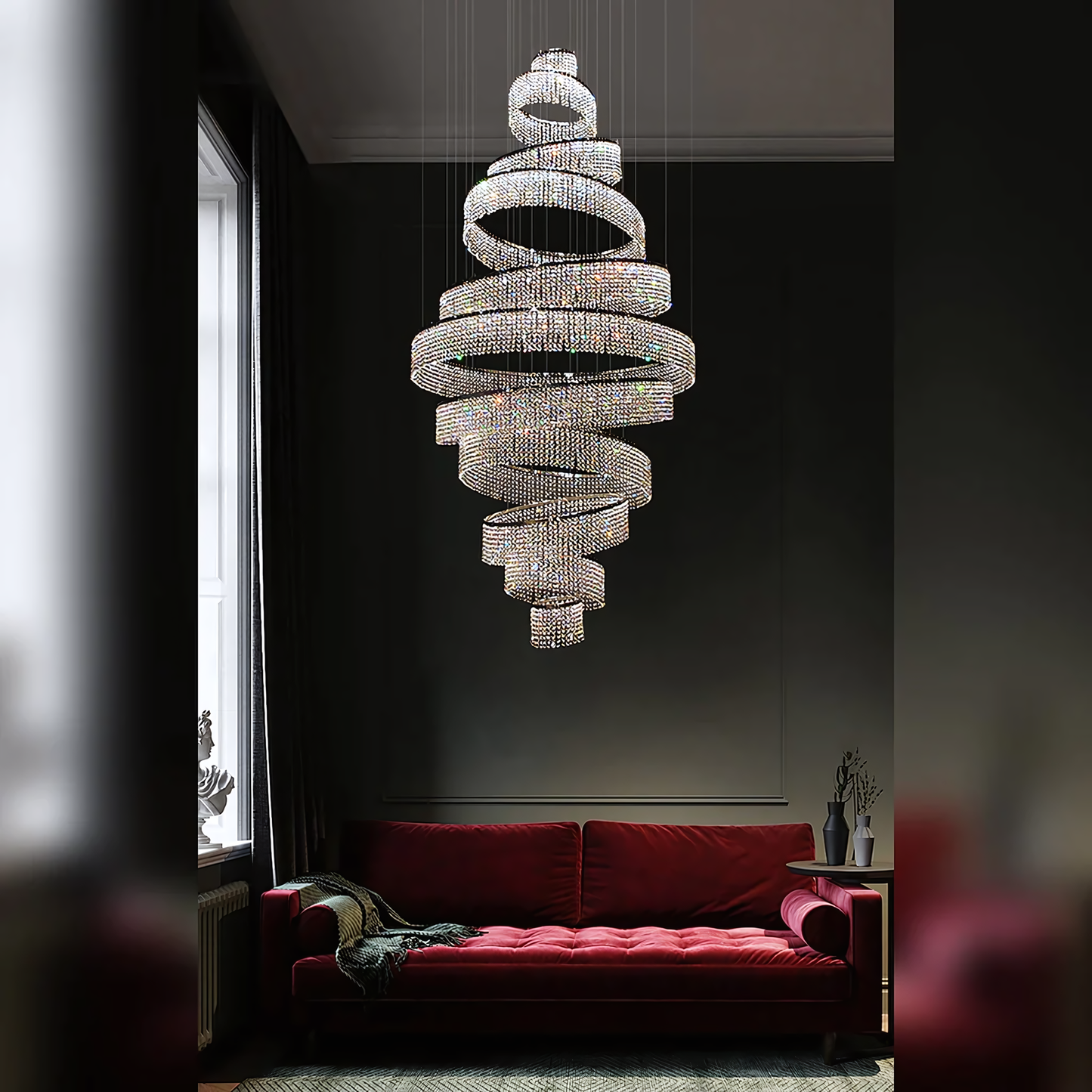 Luxurious crystal and steel ring chandelier for modern apartment