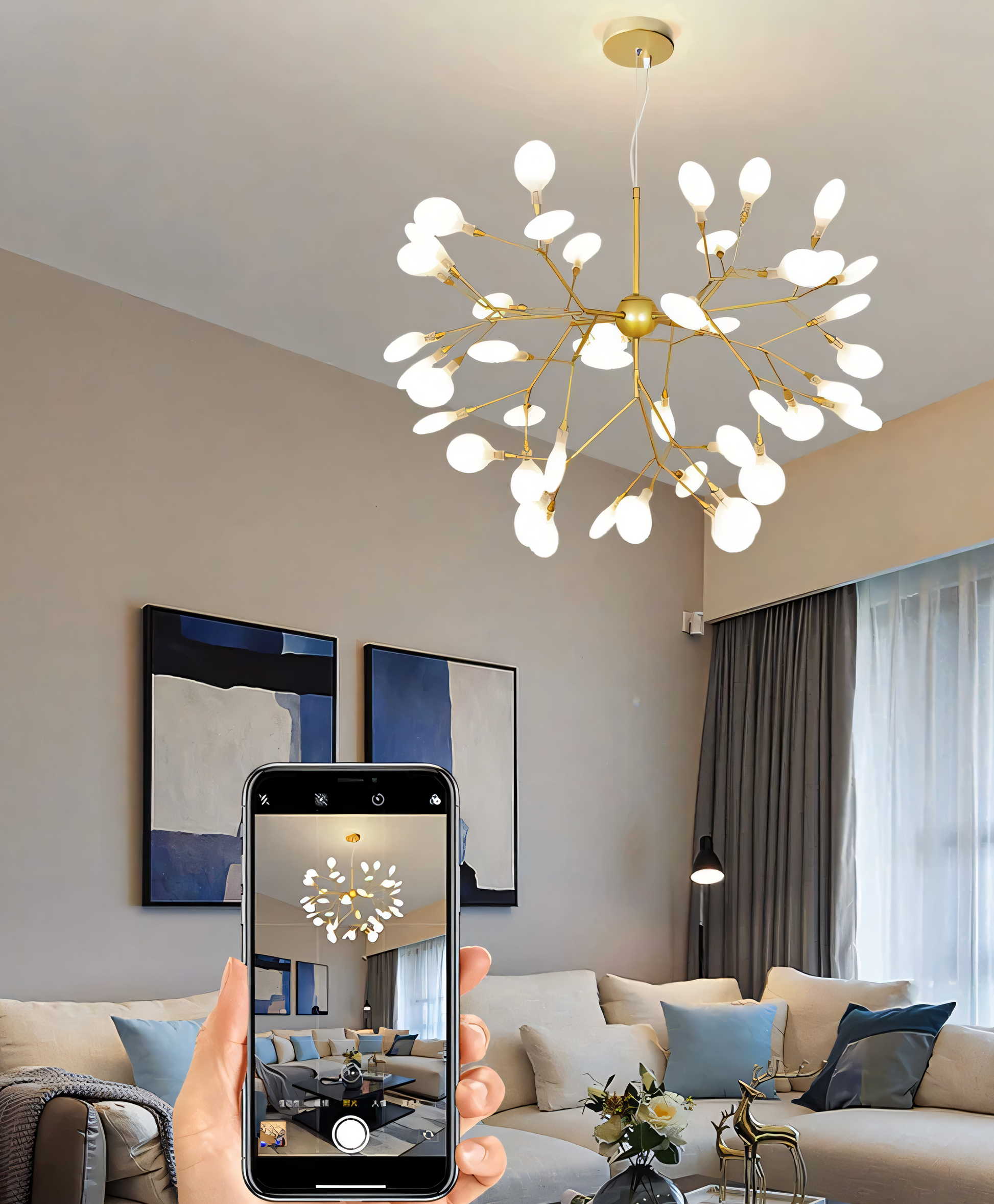 The warm glow of the Blaze Round Chandelier creates a relaxing ambiance in a beach villa bedroom.