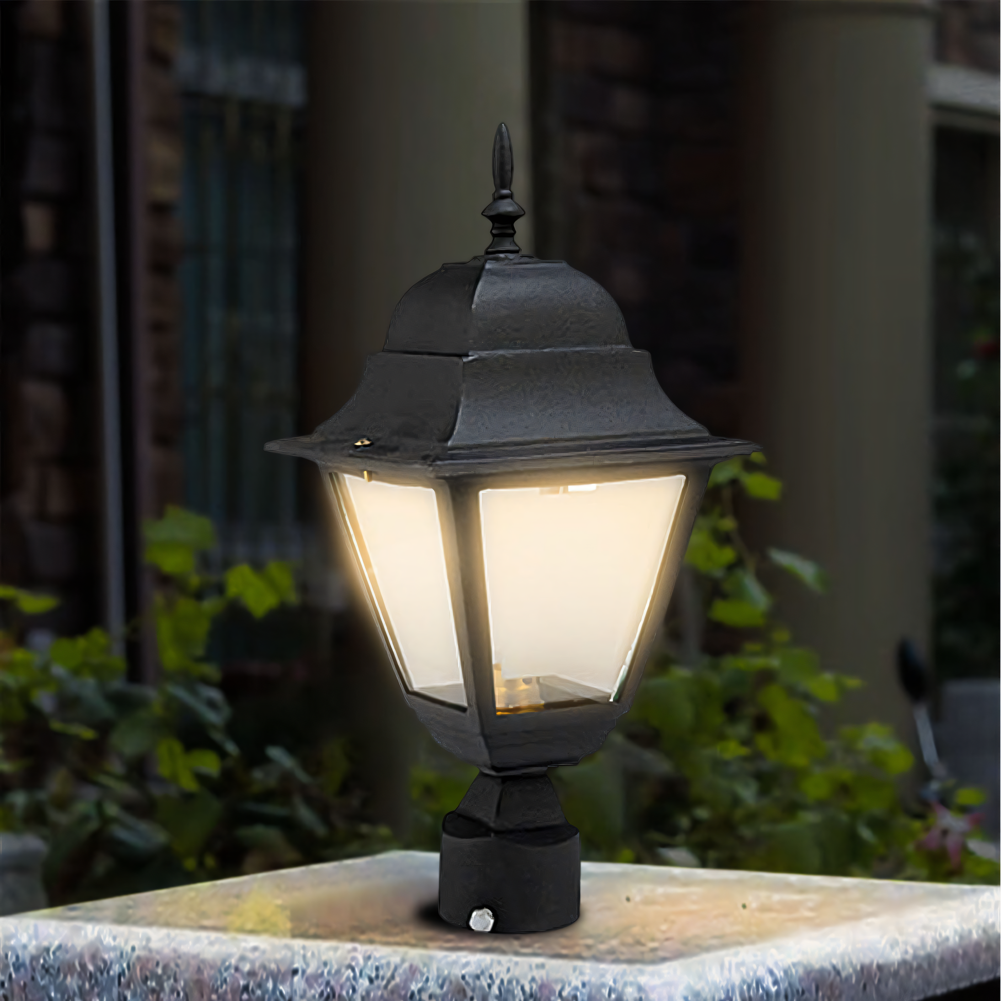 Warm LED illumination of the Dublin Gate Light against a backdrop of lush foliage