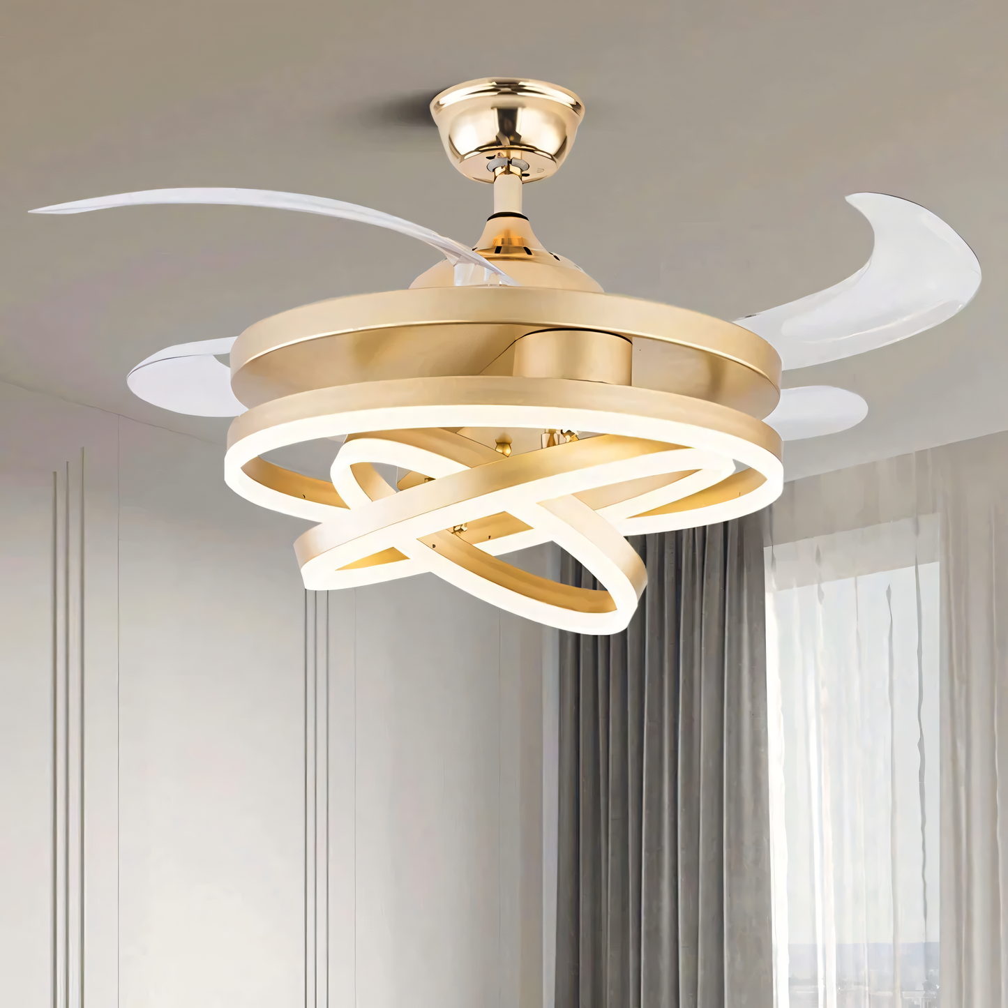 Sleek and sophisticated ceiling fan with chandelier lighting