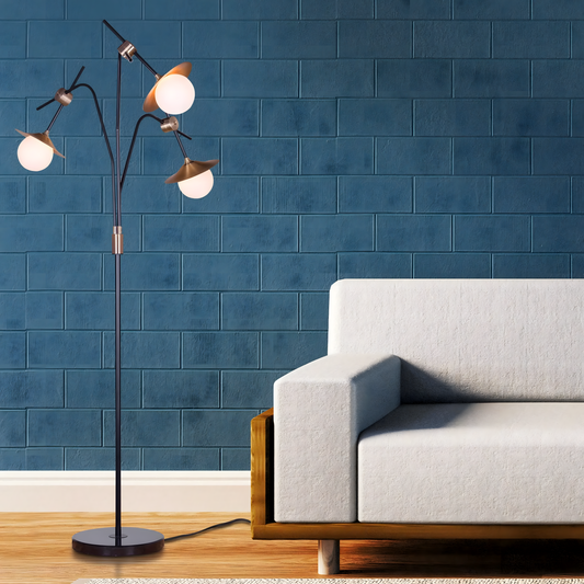 Satin brass floor lamp with frosted glass shades