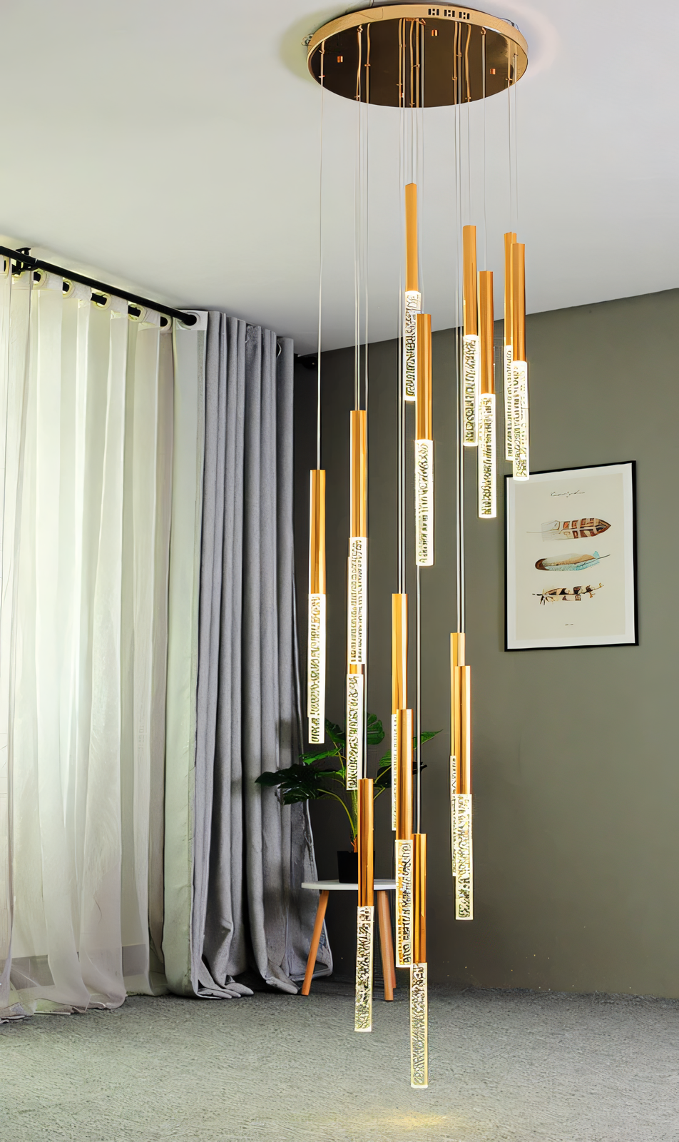 A gold, circular chandelier with rods tipped with LED bulbs hangs from a dining room ceiling. The chandelier casts a warm, inviting glow on the space.