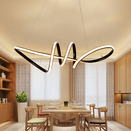 Streamlined, modern 700mm black metal LED chandelier with a minimalist, futuristic design suspending above a dining table